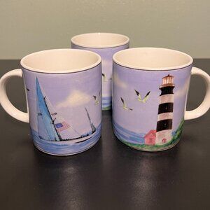 Set of 3 Thomson Pottery LIGHTHOUSE Ceramic Mugs Coastal Sailboat Seagulls